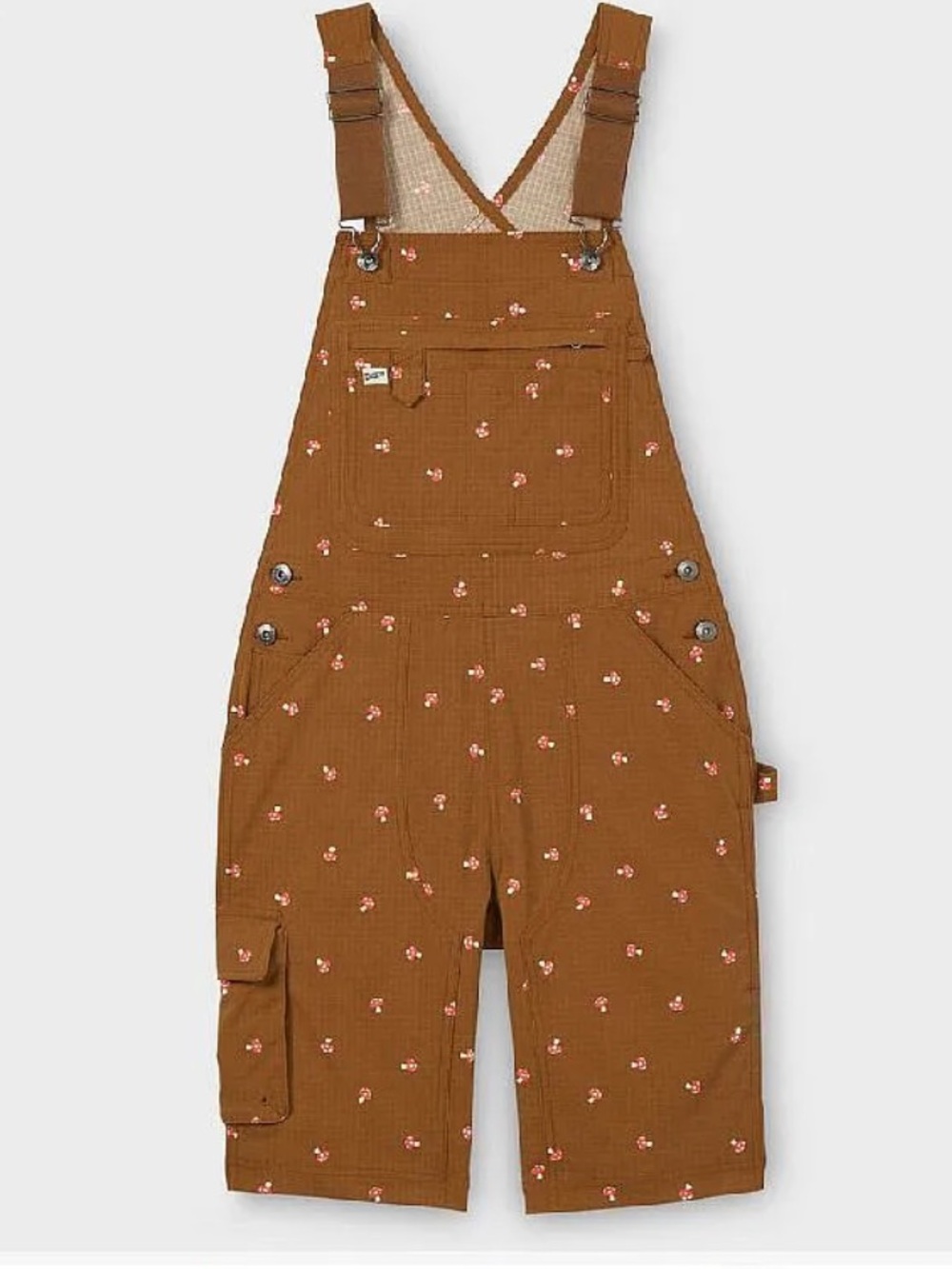 Duluth Trading Co Brown Overalls with Tiny Pink Mushroom Print - Picture 1 of 4